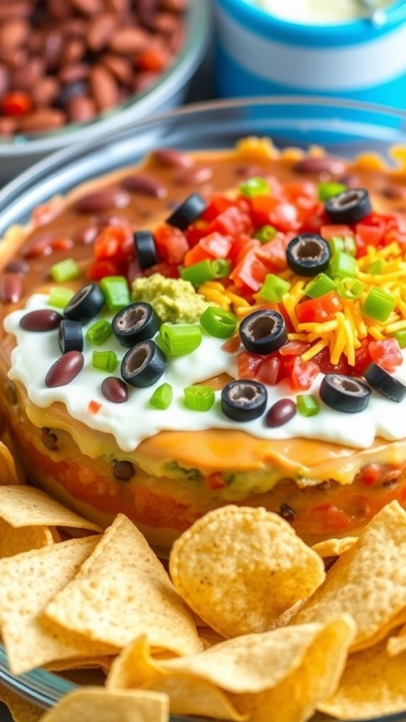 Classic 7 Layer Bean Dip Recipe A clear dish filled with 7 layer bean dip, featuring layers of beans, guacamole, sour cream, salsa, cheese, olives, and green onions, with tortilla chips on the side.